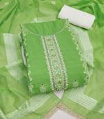 green weaving handwork embroidered silk dress material