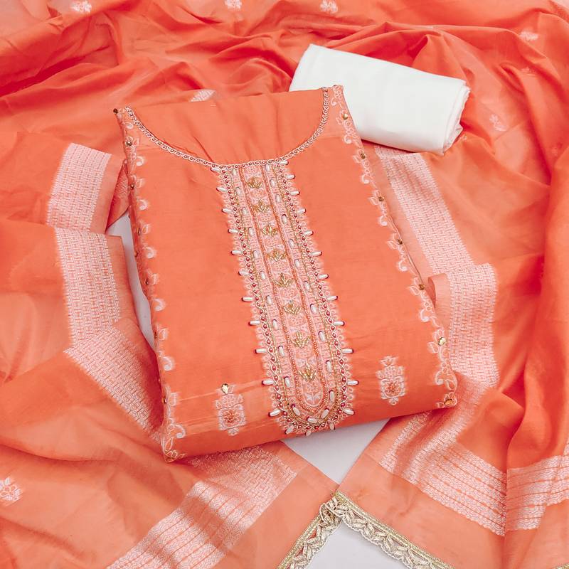orange weaving handwork embroidered silk dress material