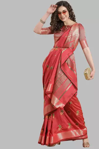 pink soft cotton silk saree with multicolor thread embroidery