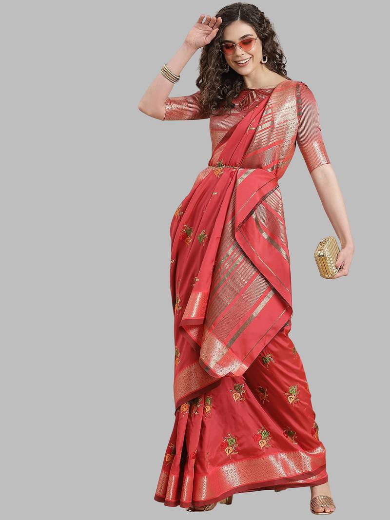 pink soft cotton silk with colourful thread embroidery saree with blouse