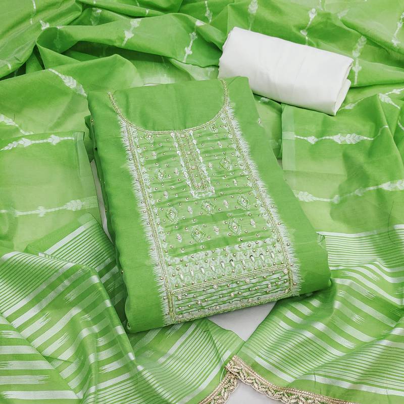  green weaving handwork silk dress material 