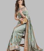 light_blue soft cotton silk with colourful thread embroidery saree with blouse