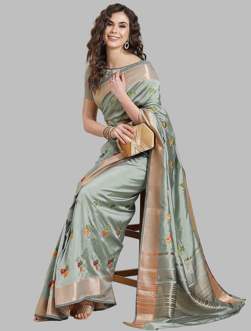 light_blue soft cotton silk with colourful thread embroidery saree with blouse