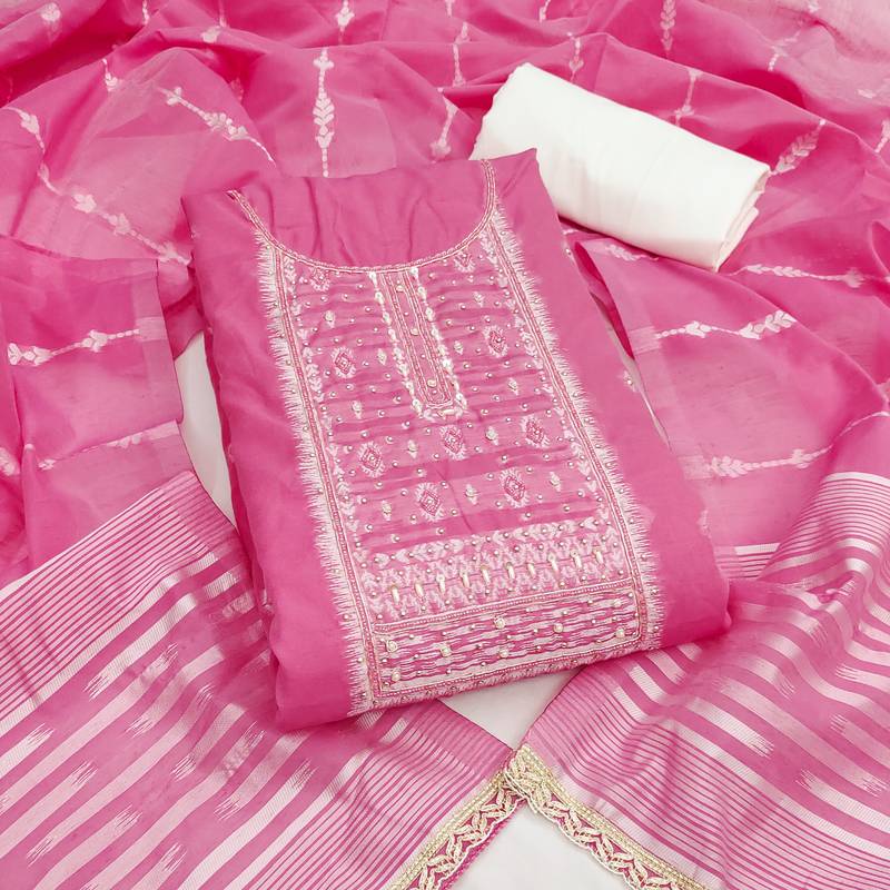  pink weaving handwork silk dress material 