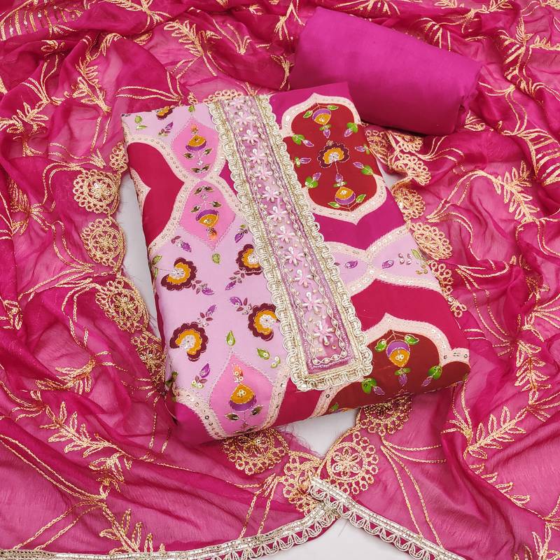 multicolour pink embroidered viscose silk dress material with printed design
