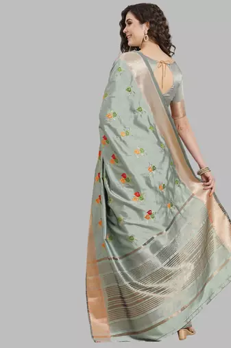 light blue soft cotton silk saree with multicolor thread embroidery