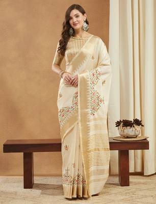 white multicolor thread embroidered assam cotton silk saree 1