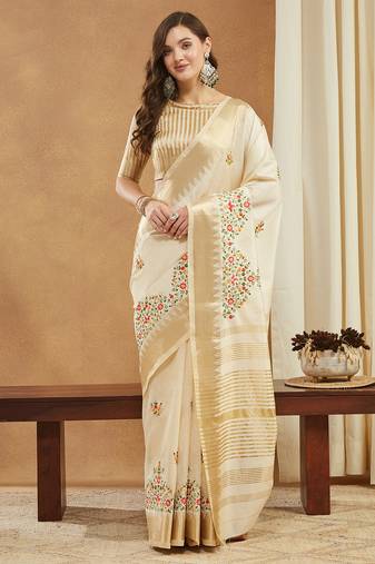 white assam cotton silk saree with multicolor embroidery