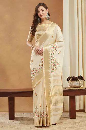 white assam cotton silk saree with multicolor embroidery