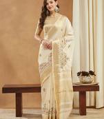white assam cotton art silk with golden border and multicolor thread embroidered saree 