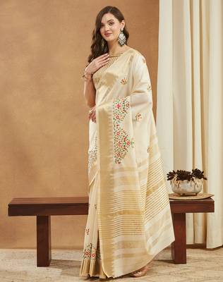 white multicolor thread embroidered assam cotton silk saree 2