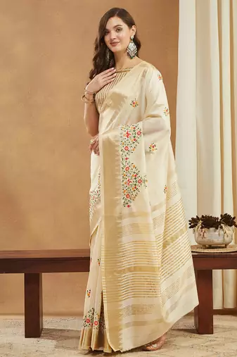 white multicolor thread embroidered assam cotton silk saree