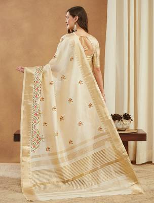 white multicolor thread embroidered assam cotton silk saree 3
