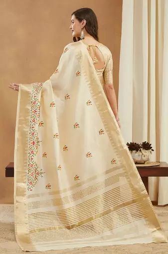 white multicolor thread embroidered assam cotton silk saree