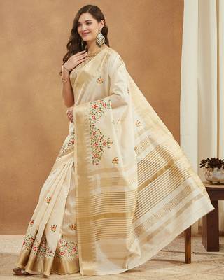 white multicolor thread embroidered assam cotton silk saree 4