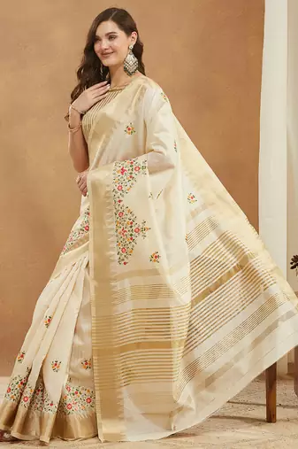 white multicolor thread embroidered assam cotton silk saree