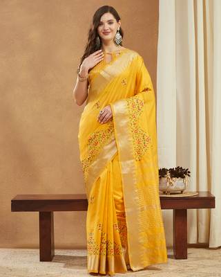 yellow assam cotton silk saree with multicolor embroidery 1