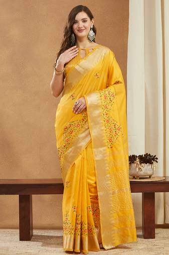 yellow assam cotton silk saree with multicolor embroidery