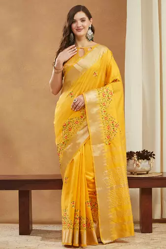 yellow assam cotton silk saree with multicolor embroidery