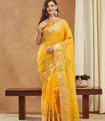 yellow assam cotton silk saree with multicolor embroidery