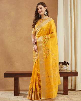 yellow assam cotton silk saree with multicolor embroidery 2