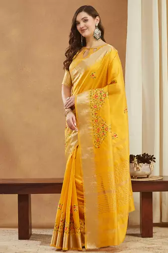 yellow assam cotton silk saree with multicolor embroidery