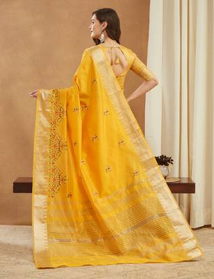 yellow assam cotton silk saree with multicolor embroidery 3