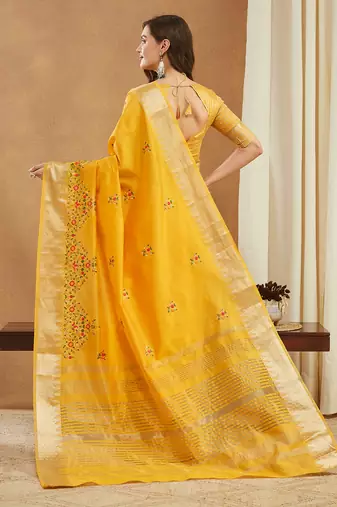 yellow assam cotton silk saree with multicolor embroidery
