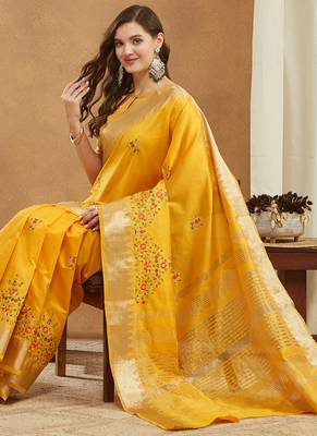 yellow assam cotton silk saree with multicolor embroidery 4