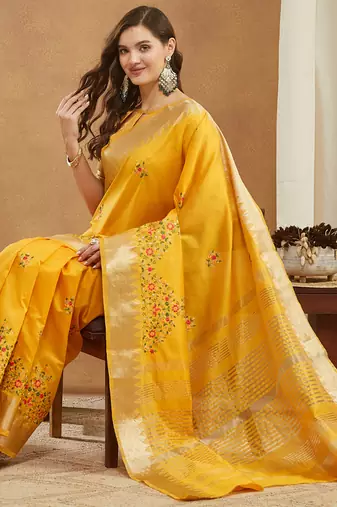 yellow assam cotton silk saree with multicolor embroidery