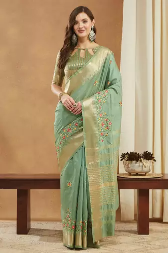 green assam cotton silk saree with multicolor embroidery