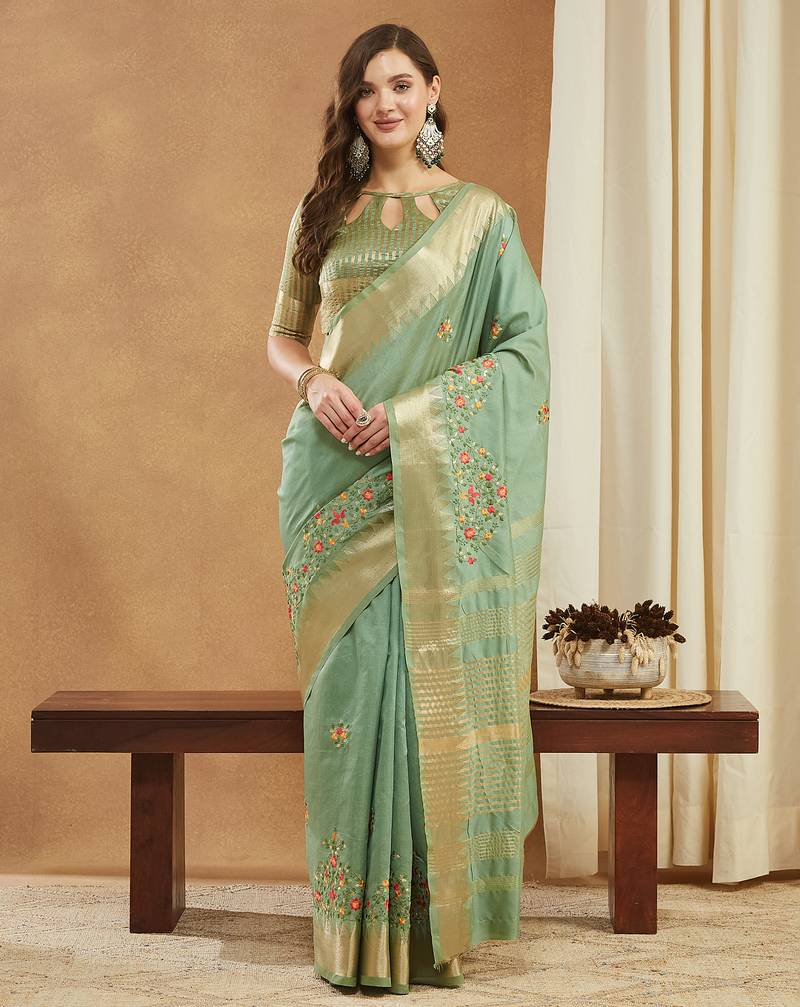 green assam cotton art silk with golden border and multicolor thread embroidered saree 