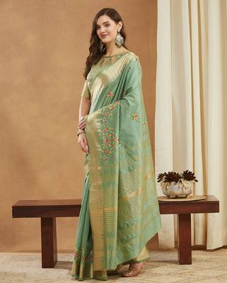 green assam cotton silk saree with multicolor embroidery 2