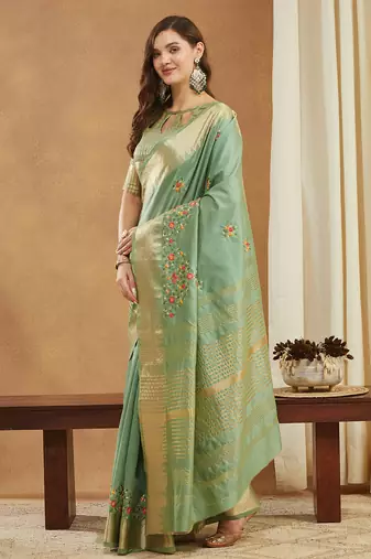green assam cotton silk saree with multicolor embroidery