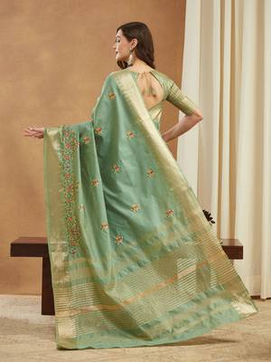 green assam cotton silk saree with multicolor embroidery 3