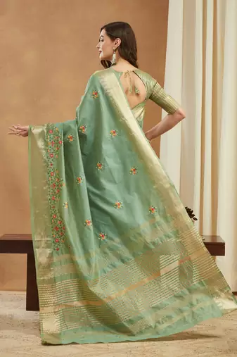 green assam cotton silk saree with multicolor embroidery