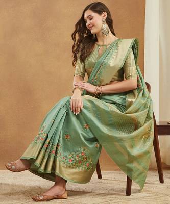 green assam cotton silk saree with multicolor embroidery 4