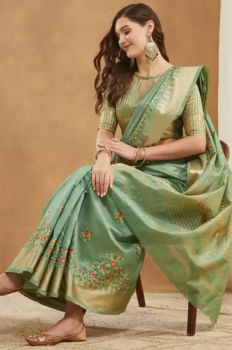 green assam cotton silk saree with multicolor embroidery