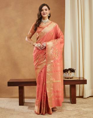 peach assam cotton silk saree with multicolor embroidery 1