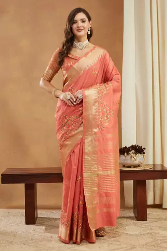 peach assam cotton silk saree with multicolor embroidery