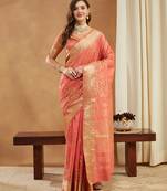 peach assam cotton silk saree with multicolor embroidery