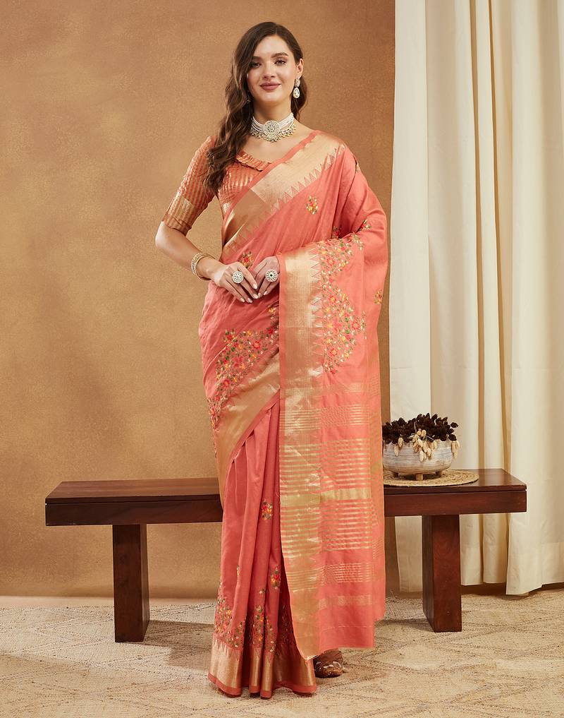 peach assam cotton silk saree with multicolor embroidery