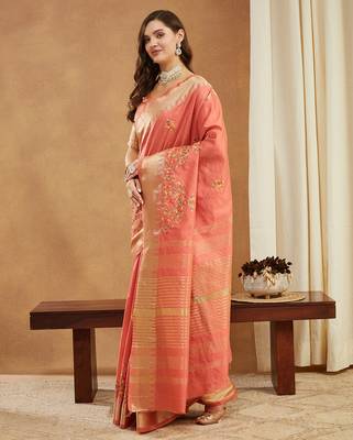 peach assam cotton silk saree with multicolor embroidery 2
