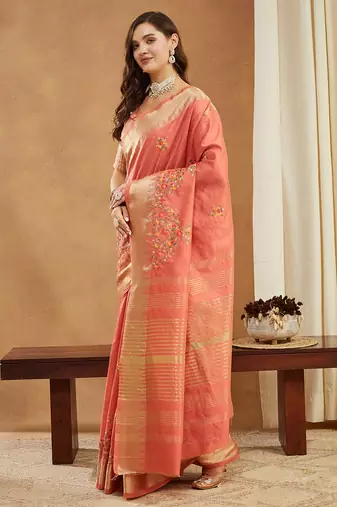 peach assam cotton silk saree with multicolor embroidery