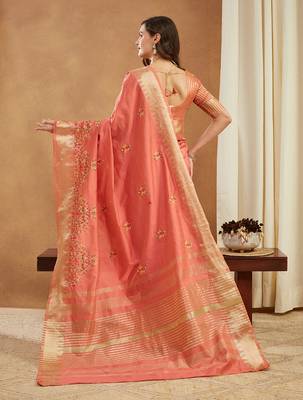 peach assam cotton silk saree with multicolor embroidery 3