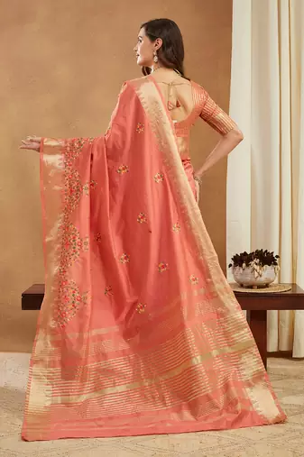 peach assam cotton silk saree with multicolor embroidery