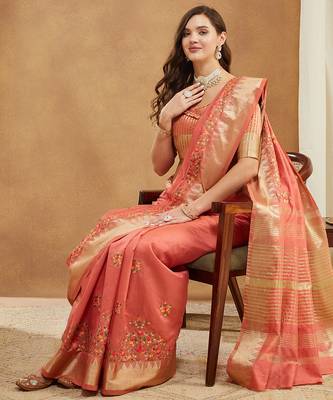 peach assam cotton silk saree with multicolor embroidery 4