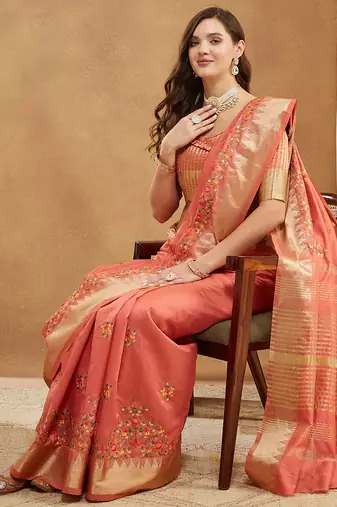 peach assam cotton silk saree with multicolor embroidery