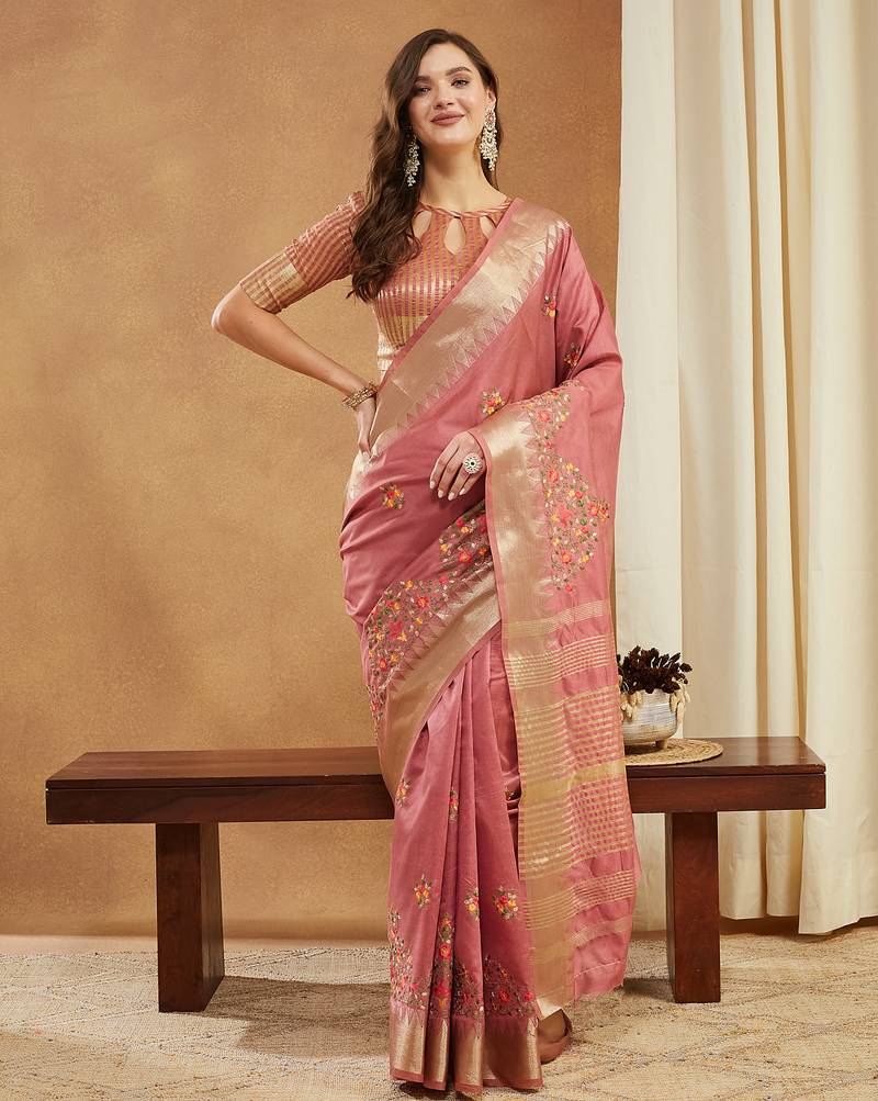 pink assam cotton silk saree with multicolor embroidery