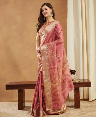 pink assam cotton silk saree with multicolor embroidery 2